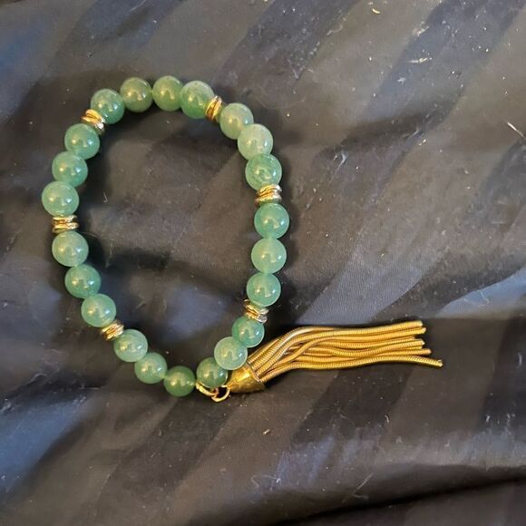 JADE AND gold tone elastic bracelet with tassel, presentation bag! - Picture 2 of 3